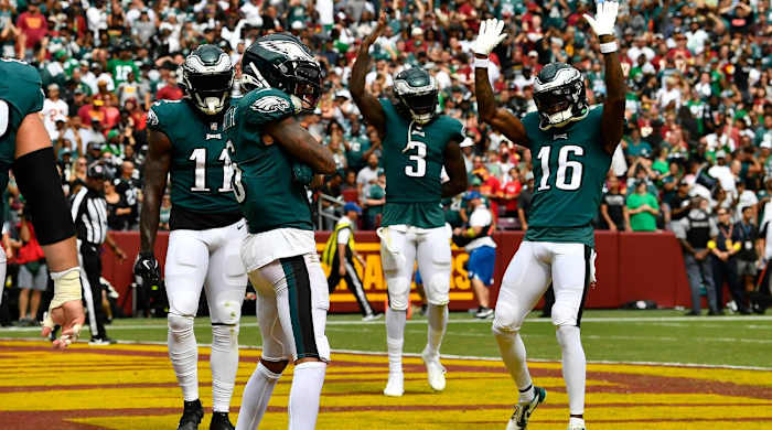 Sep 25, 2022; Landover, Maryland, USA; Philadelphia Eagles wide receiver DeVonta Smith (6) celebrates with teammates after scoring a touchdown against the Washington Commanders during the second quarter at FedExField.